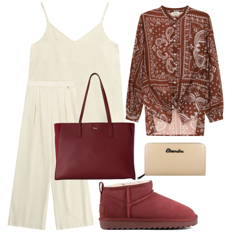 Outfit donna - Camicia urban. Stile Glamour per Tutti i giorni. Abbinamento con shopping bag, camicie, pantaloni a palazzo, top, portafogli, stivaletti.