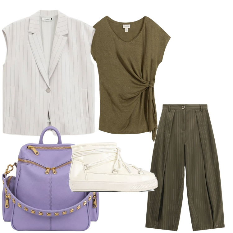 Outfit donna - Borsa malva. Stile Glamour per Tutti i giorni. Abbinamento con t-shirt, pantaloni a palazzo, gilet, zaini, stivali da neve.