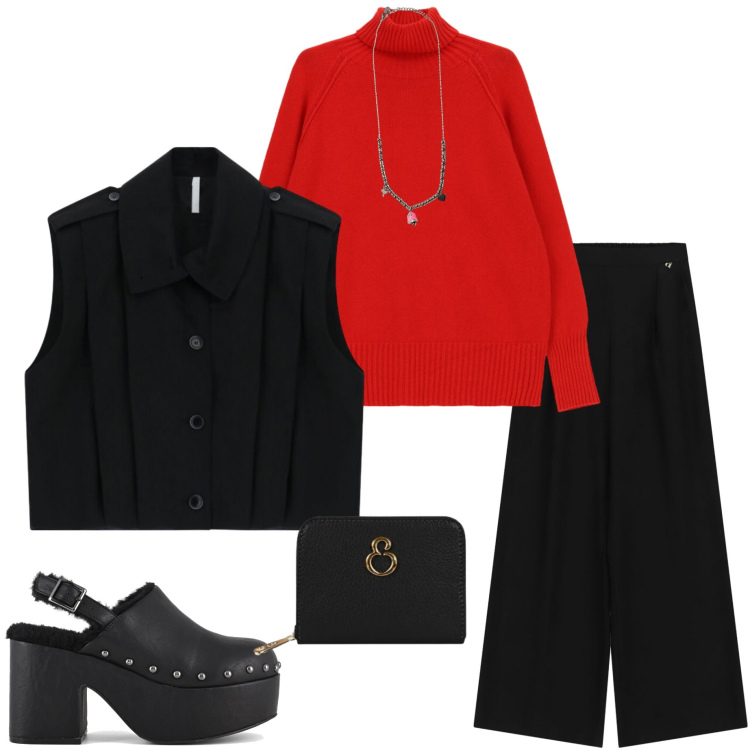 Outfit donna - Un po\' di rosso. Stile Casual per Tutti i giorni. Abbinamento con ciondoli, pullovers, gilet, pantaloni a palazzo, portafogli, sabot.