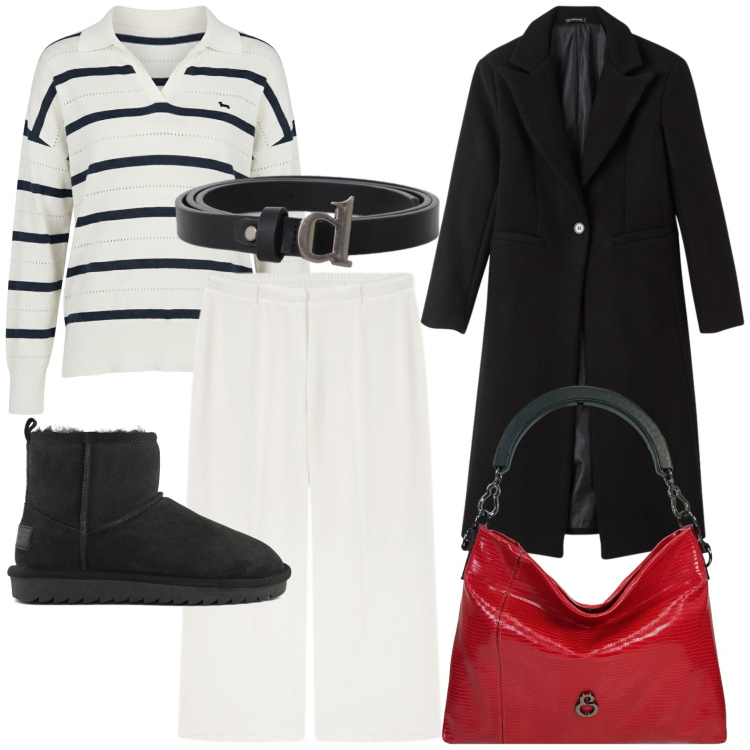 Outfit donna - Stili mixati. Stile Glamour per Tutti i giorni. Abbinamento con maglieria, cinture, cappotti, pantaloni, borse a mano, stivali.