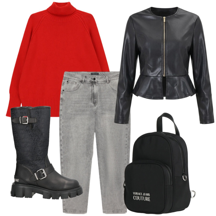 Outfit donna - Ossessione rosso. Stile Glamour per Tutti i giorni. Abbinamento con zaini, stivali, pullovers, giacche, jeans mom.