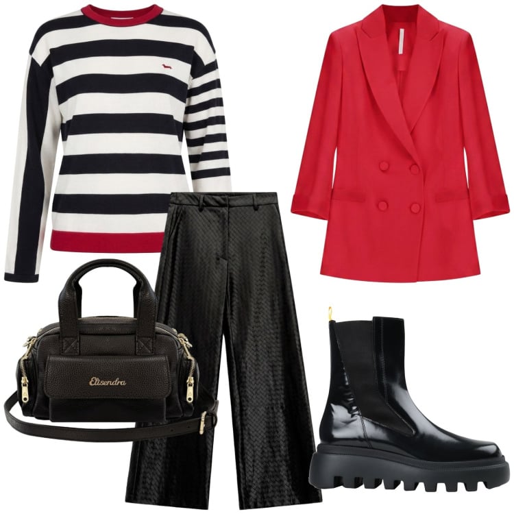 Outfit donna - Righe autunnali. Stile Rock per Tutti i giorni. Abbinamento con stivaletti, maglieria, blazer, pantaloni a palazzo, borse a mano.