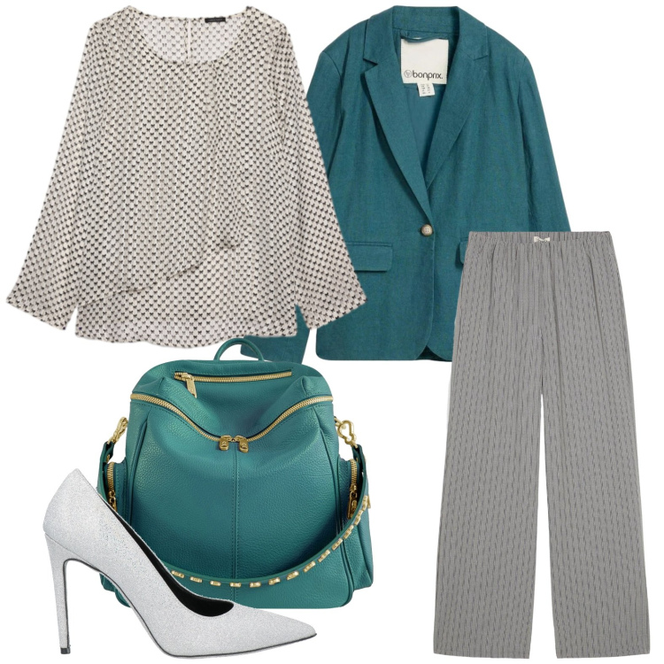 Outfit donna - Scorci di smeraldo. Stile Chic per Tutti i giorni. Abbinamento con décolleté, pantaloni, blazer, bluse, zaini.