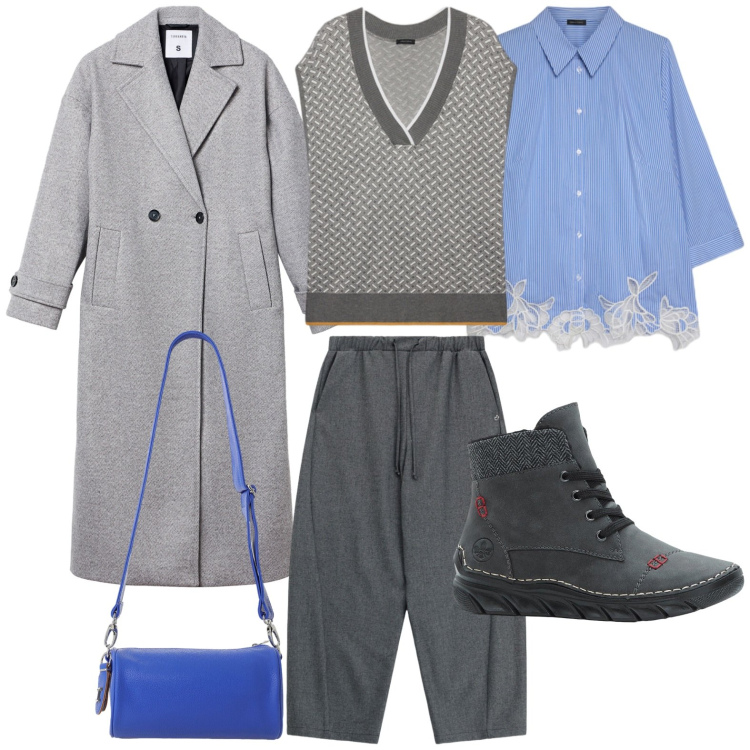 Outfit donna - Gilet e camicia. Stile Casual per Tutti i giorni. Abbinamento con stivaletti, borse a tracolla, cappotti, pantaloni a palazzo, camicie, maglieria.