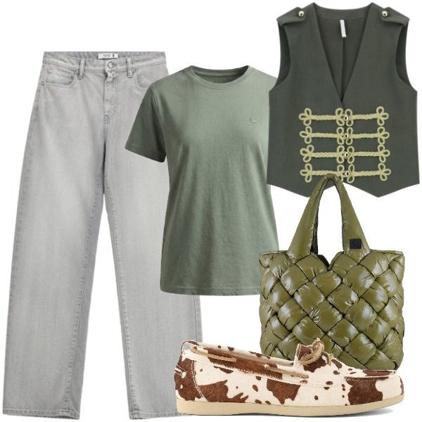 Outfit donna - In jeans e gilet. Stile Urban per Tutti i giorni. Abbinamento con t-shirt, gilet, jeans, borse tote, mocassini.