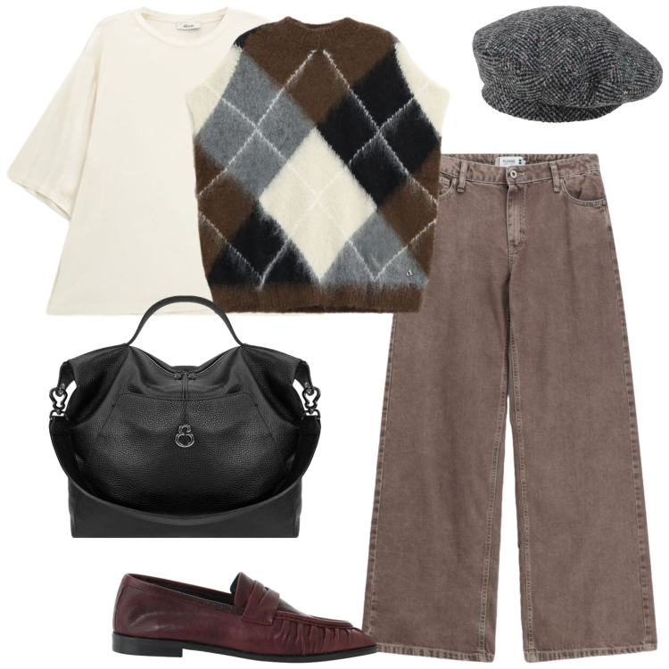 Outfit donna - Fall. Stile Casual chic per Tutti i giorni. Abbinamento con cappelli e berretti, t-shirt, mocassini, maglieria, jeans dritti, borse a spalla.