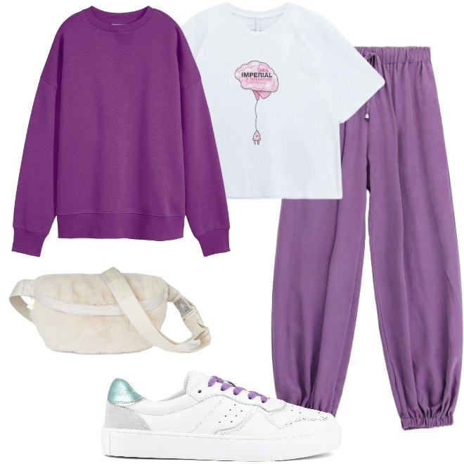 Outfit donna - Tempo libero in viola. Stile Sporty chic per Tutti i giorni. Abbinamento con felpe, t-shirt, pantaloni, marsupi, sneakers.