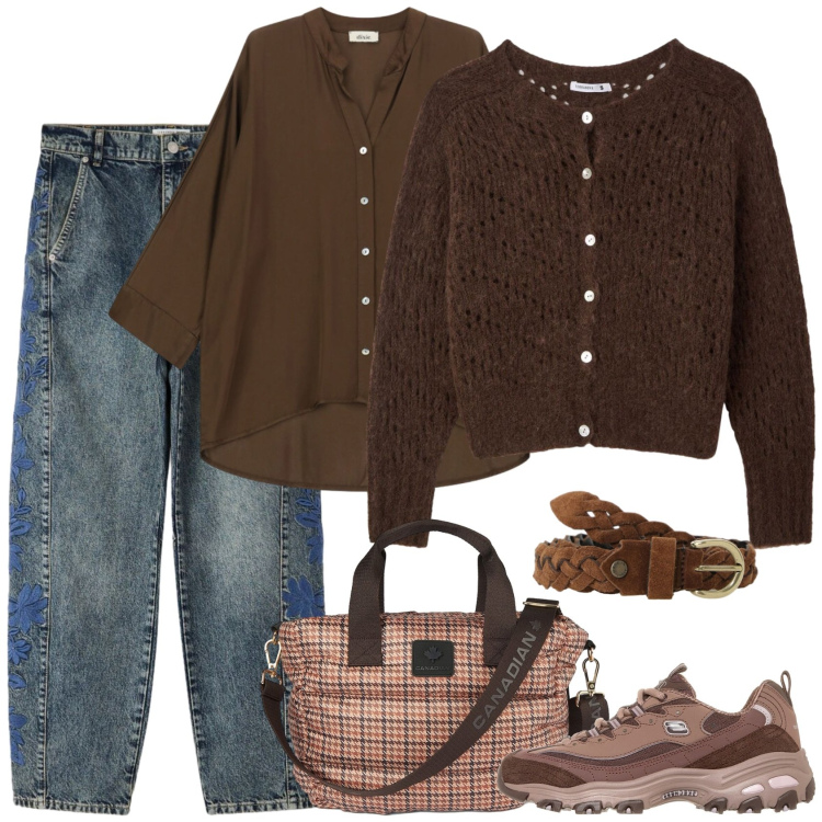 Outfit donna - Caffè. Stile Casual per Scuola/Università. Abbinamento con camicie, cinture, cardigans, jeans, borse tote, sneakers.