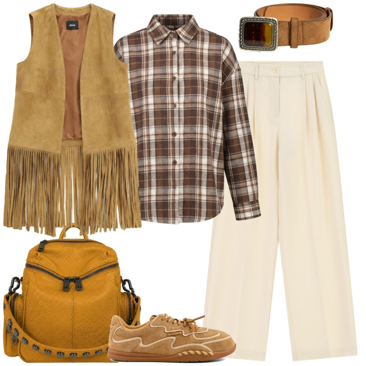 Outfit donna - Suede. Stile Etnico per Scuola/Università. Abbinamento con pantaloni a palazzo, gilet, zaini, cinture, camicie, sneakers.
