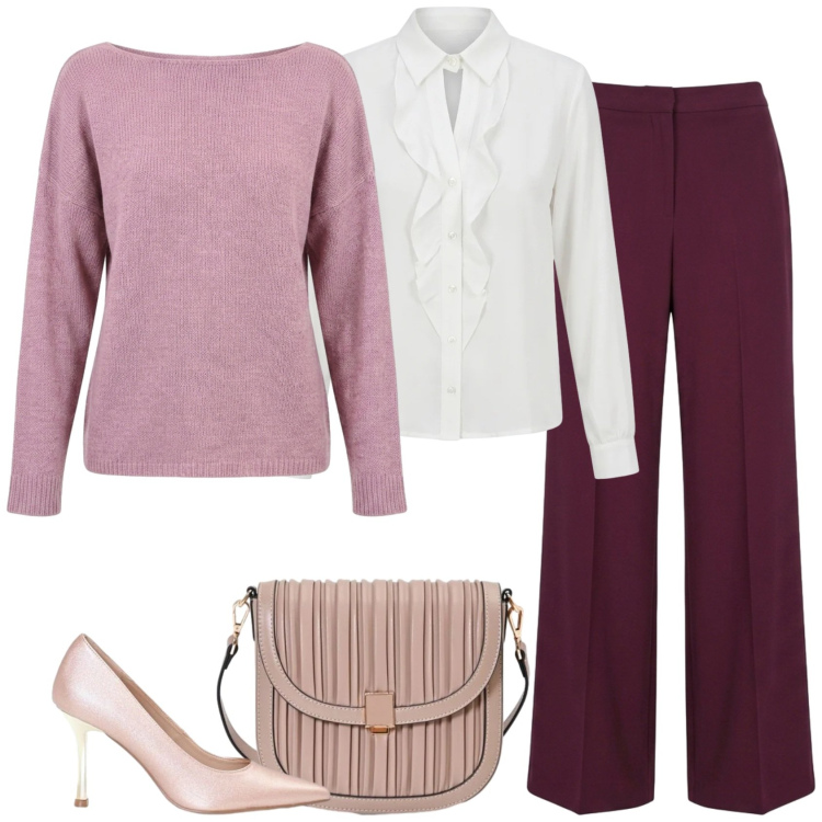 Outfit donna - A bit of pink. Stile Casual chic per Ufficio. Abbinamento con borse a tracolla, décolleté, pantaloni a palazzo, camicie, maglieria.