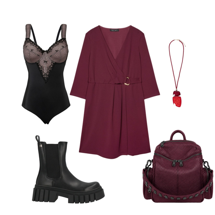 Outfit donna - Bordeaux day. Stile Rock per Tutti i giorni. Abbinamento con stivaletti, body, vestiti corti, ciondoli, zaini.