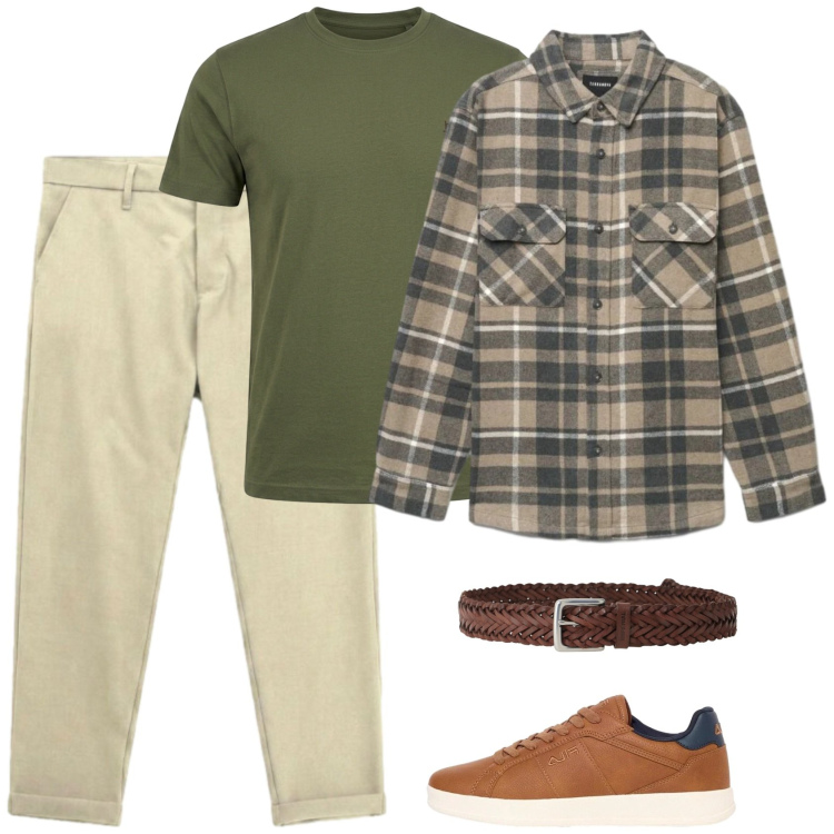 Outfit uomo - Boscaiolo urbano. Stile Urban per Tutti i giorni. Abbinamento con t-shirt, pantaloni, cinture, camicie, sneakers.