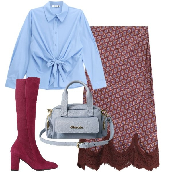 Outfit donna - Combo azzurro e bordeaux. Stile Chic per Tutti i giorni. Abbinamento con stivali, gonne longuette, camicie, borse a mano.
