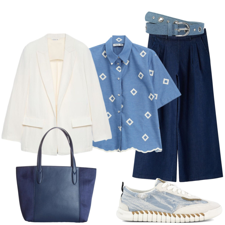 Outfit donna - Denim e…denim. Stile Casual chic per Tutti i giorni. Abbinamento con shopping bag, cinture, jeans, blazer, camicie a manica corta, sneakers.