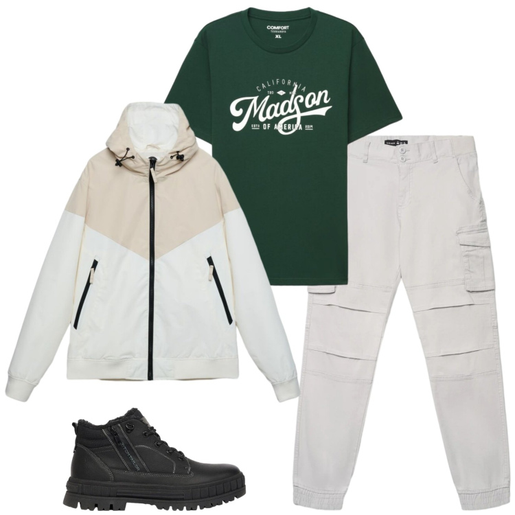 Outfit uomo - Total look #2471864. Stile Casual per Tutti i giorni. Abbinamento con stivali e stivaletti, giacche sportive, pantaloni cargo, t-shirt.