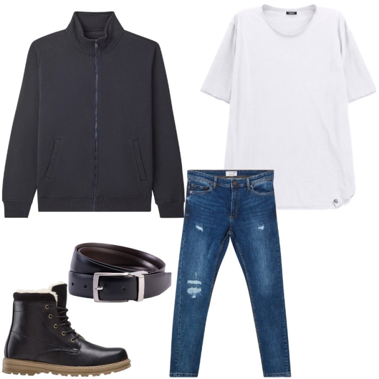 Outfit uomo - Raul. Stile Urban per Tutti i giorni. Abbinamento con stivali e stivaletti, t-shirt, cinture, jeans strappati, giacche.