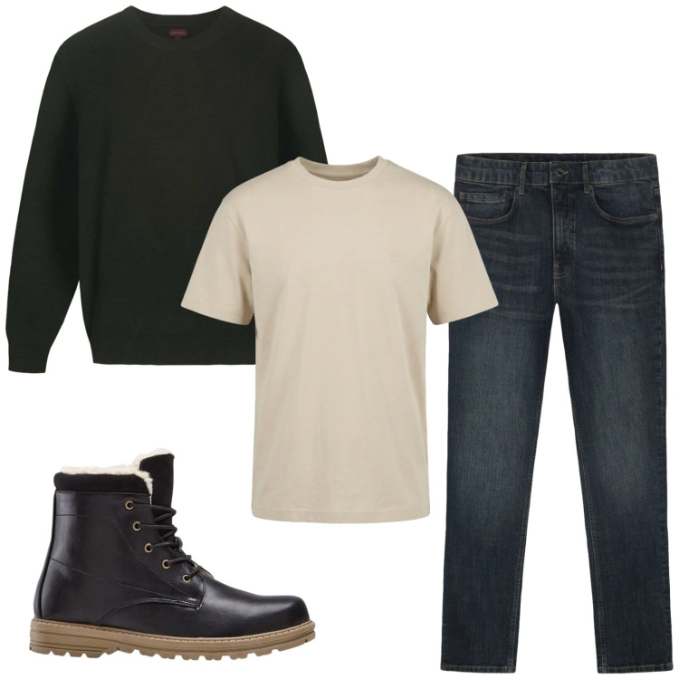 Outfit uomo - Total look #2471874. Stile Urban per Tutti i giorni. Abbinamento con stivali e stivaletti, t-shirt, maglieria, jeans.