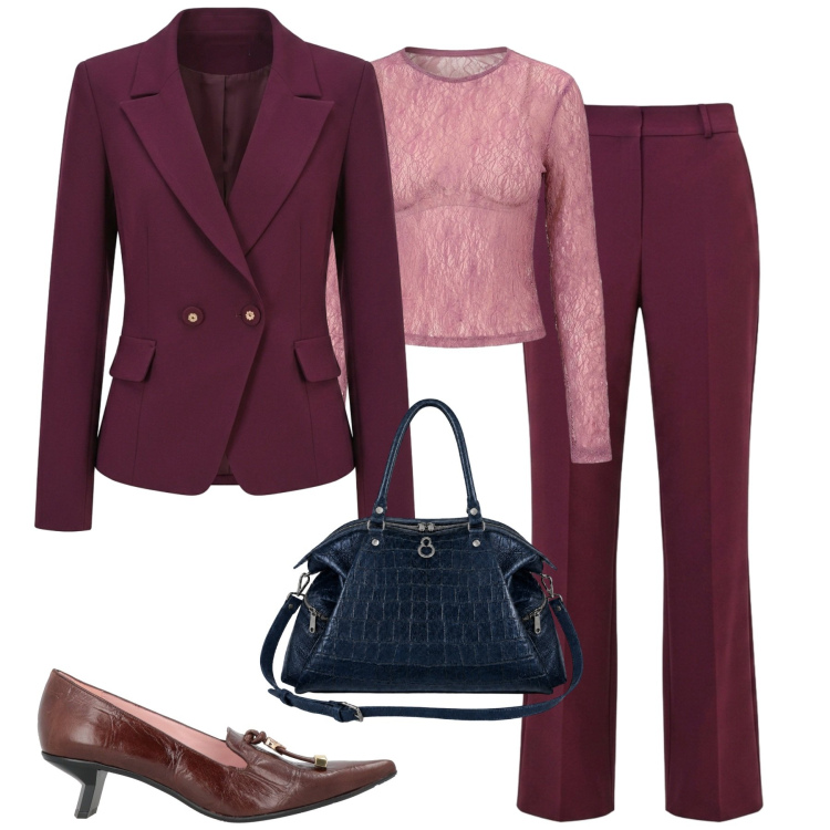 Outfit donna - Rinascimento. Stile Trendy per Tutti i giorni. Abbinamento con décolleté, top, blazer, pantaloni, shopping bag.