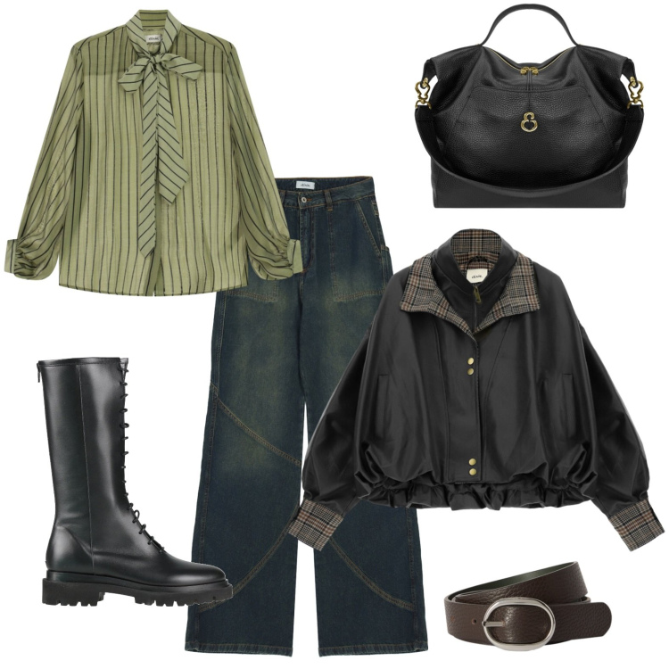 Outfit donna - Anfibio urban e camicia glamour. Stile Urban per Tutti i giorni. Abbinamento con stivali, cinture, jeans, giacche, camicie, borse a spalla.