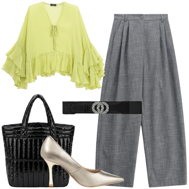 Outfit donna - Look autunno. Stile Casual per Tutti i giorni. Abbinamento con pantaloni a palazzo, bluse, cinture, décolleté, borse a mano.