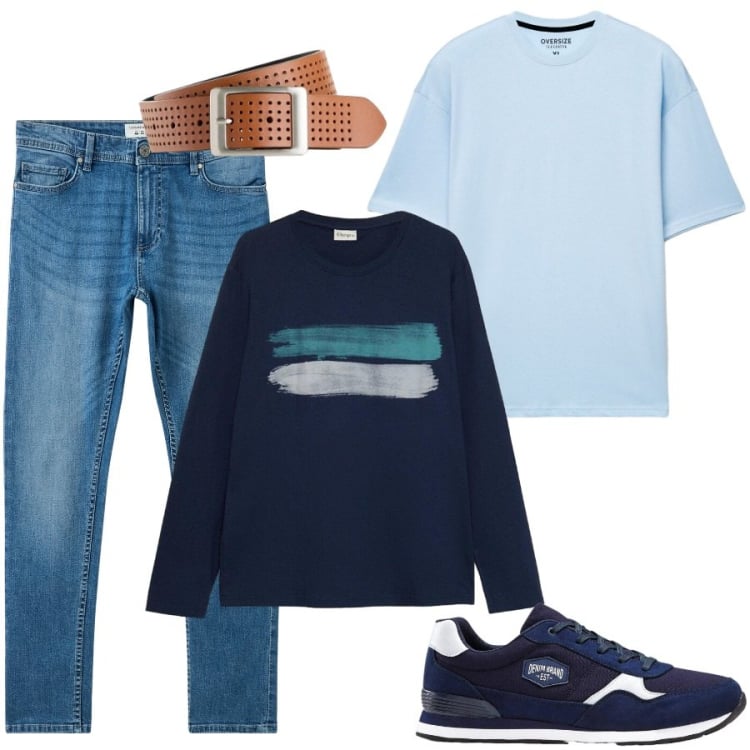Outfit uomo - Franz. Stile Urban per Tutti i giorni. Abbinamento con sneakers, cinture, t-shirt, jeans skinny, t-shirt.