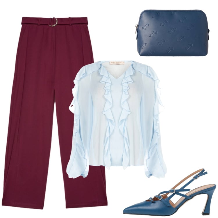 Outfit donna - Bordo e celeste casual. Stile Casual per Ufficio. Abbinamento con décolleté, pochette, bluse, pantaloni a palazzo.