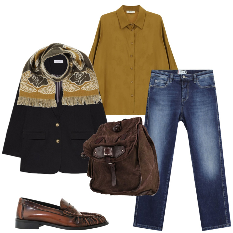 Outfit donna - Total look #2471888. Stile Casual chic per Ufficio. Abbinamento con sciarpe, zaini, mocassini, camicie, jeans dritti, blazer.