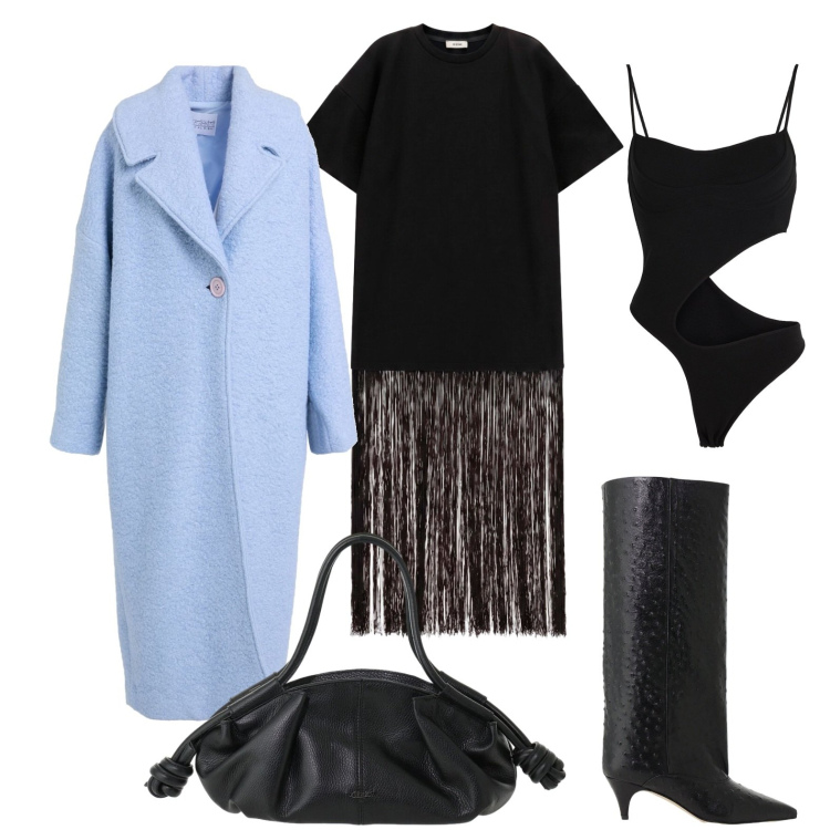 Outfit donna - L\'abito con le frange. Stile Glamour per Serata fuori. Abbinamento con cappotti, body, borse a mano, stivali, vestiti corti.