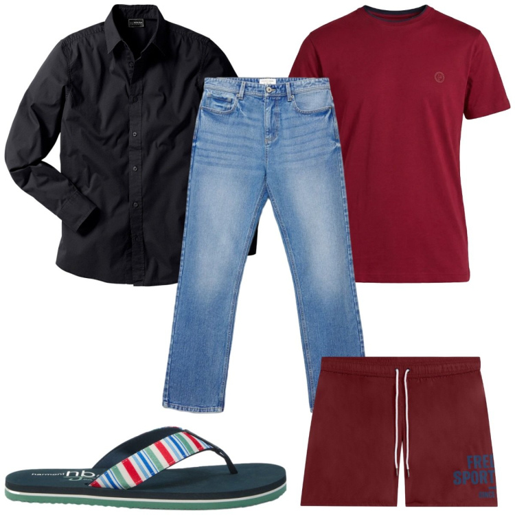 Outfit uomo - Total look #2471903. Stile Trendy per Mare. Abbinamento con camicie, t-shirt, sandali, jeans dritti, costumi.
