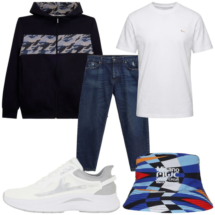 Outfit uomo - Total look #2471906. Stile Trendy per Tutti i giorni. Abbinamento con t-shirt, jeans, cappelli, felpe con cappuccio, sneakers.
