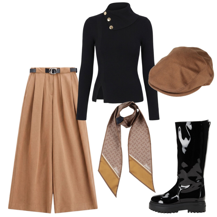 Outfit donna - Stile francese con la coppola. Stile Casual chic per Tutti i giorni. Abbinamento con cappelli, sciarpe, stivali, pantaloni a palazzo, maglieria.