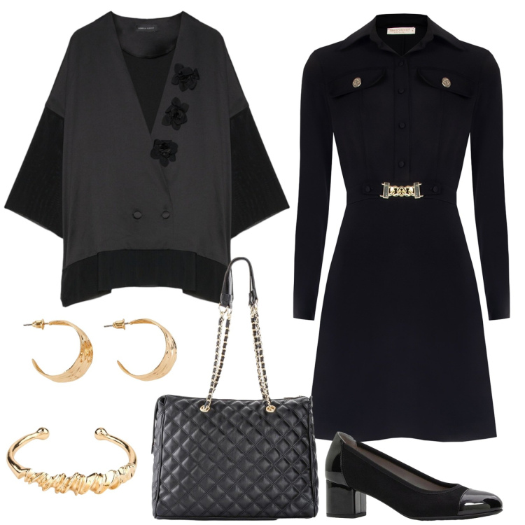 Outfit donna - Grigio e nero, rigorosa eleganza. Stile Bon Ton per Serata fuori. Abbinamento con décolleté, orecchini, borse a mano, braccialetti, vestiti a tubino, blazer.