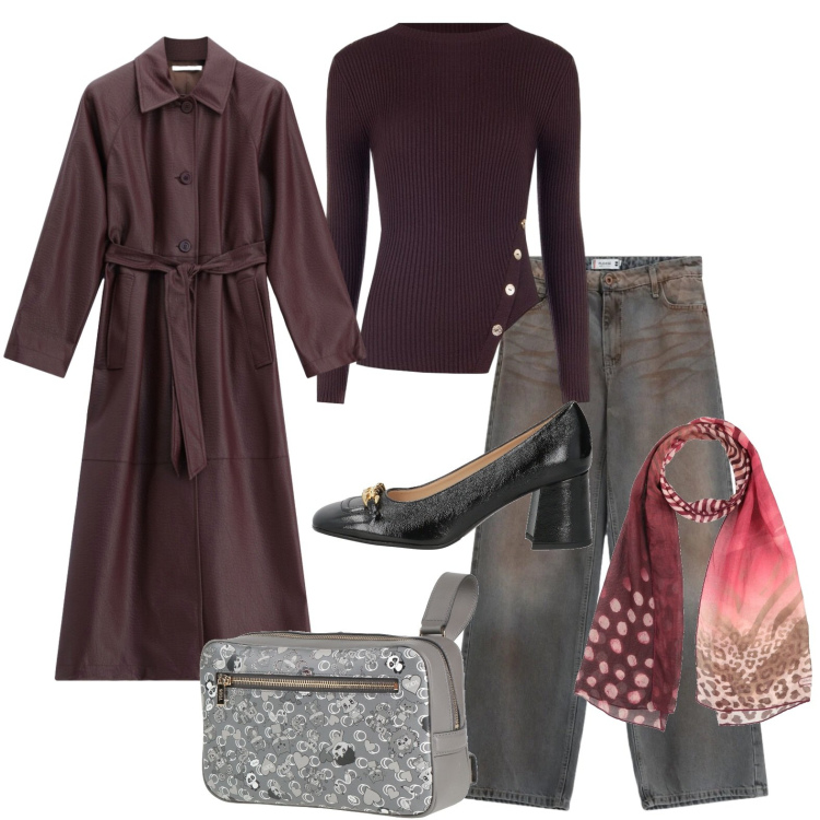 Outfit donna - Il trench bordeaux. Stile Trendy per Tutti i giorni. Abbinamento con marsupi, sciarpe, décolleté, cappotti, t-shirt, jeans dritti.