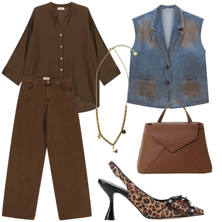 Outfit donna - Cioccolato e jeans. Stile Sporty chic per Tutti i giorni. Abbinamento con décolleté, borse a mano, camicie, jeans dritti, gilet, ciondoli.