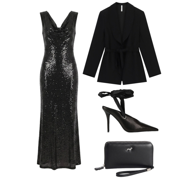 Outfit donna - Total black per una sirena moderna. Stile Chic per Serata fuori. Abbinamento con décolleté, portafogli, blazer, vestiti lunghi.