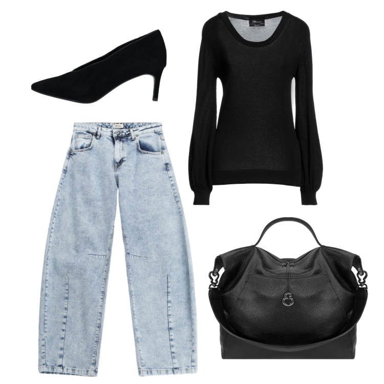 Outfit donna - Al lavoro con la décolleté in camoscio. Stile Casual chic per Ufficio. Abbinamento con décolleté, pullovers, jeans, borse a spalla.