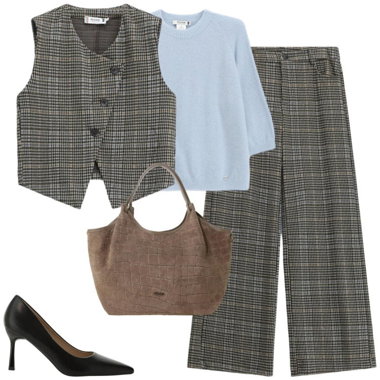 Outfit donna - Tartan e fall.colors. Stile Urban per Tutti i giorni. Abbinamento con décolleté, borse a spalla, pantaloni, gilet, maglieria.
