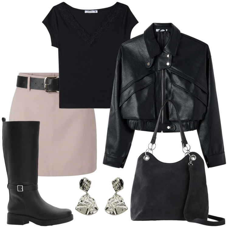 Outfit donna - Il giubbino rock e gli stivali. Stile Rock per Serata fuori. Abbinamento con borse a mano, stivali, orecchini, minigonne, bomber, t-shirt.