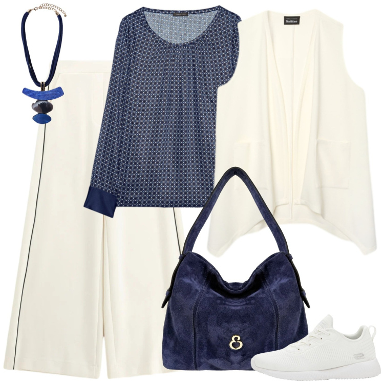 Outfit donna - Comfort e stile in ufficio. Stile Casual chic per Ufficio. Abbinamento con sneakers, pantaloni a palazzo, bluse, ciondoli, gilet, borse a spalla.