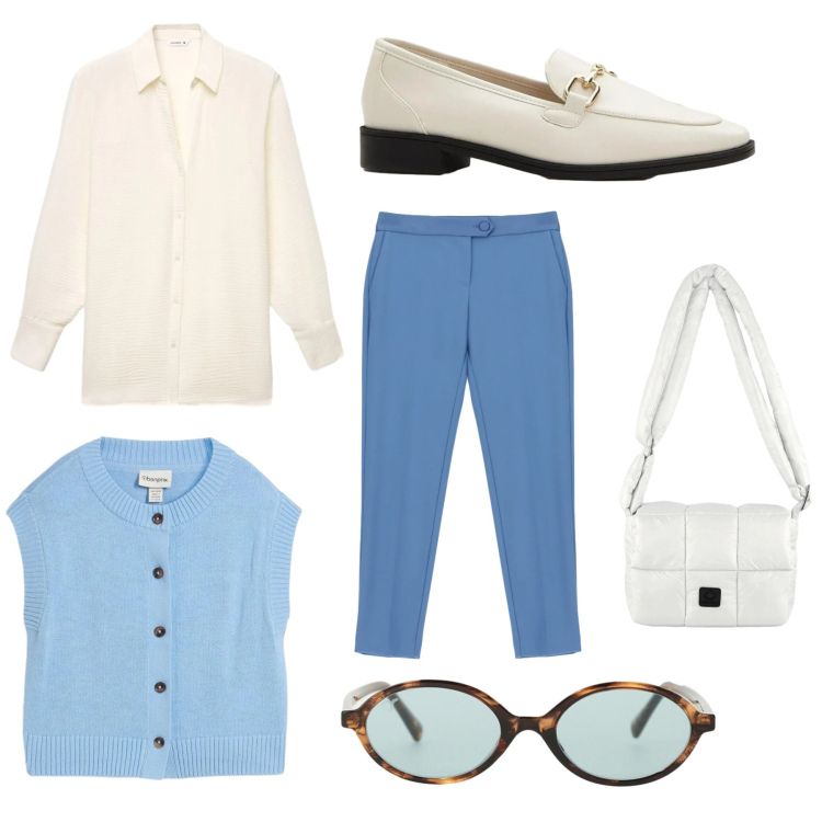 Outfit donna - Total look #2471947. Stile Casual per Tutti i giorni. Abbinamento con maglieria, mocassini, pantaloni, occhiali da sole, camicie, borse a spalla.