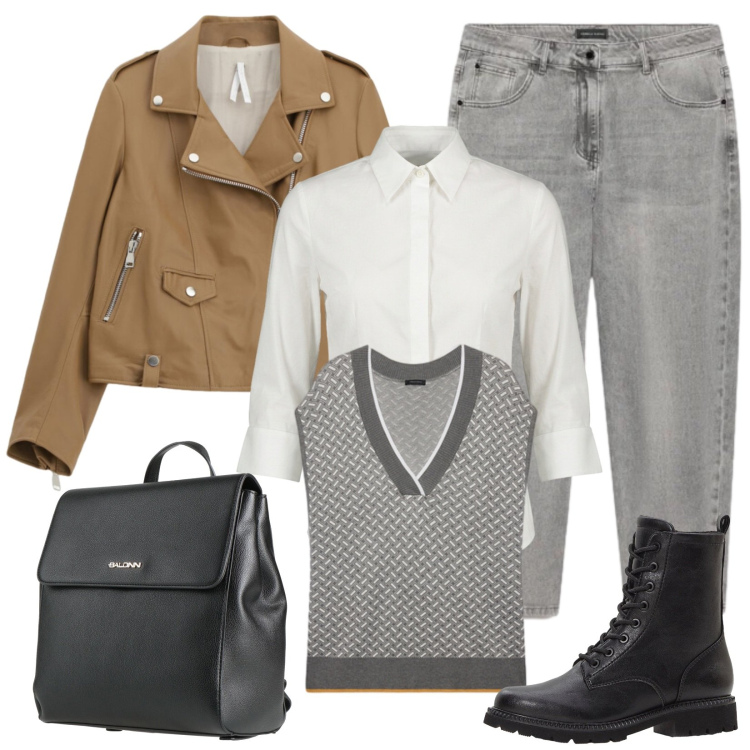 Outfit donna - Jeans, gilet di lana e giubbino. Stile Casual per Tutti i giorni. Abbinamento con zaini, stivaletti, giacche, camicie, jeans mom, maglieria.