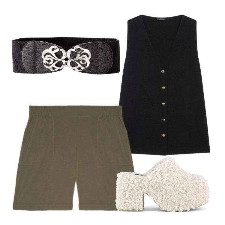 Outfit donna - Oggi fa caldo. Stile Basic per Serata fuori. Abbinamento con cinture, maglieria, bermuda, sabot.
