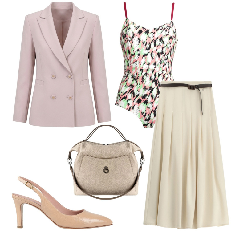 Outfit donna - Ufficio e aperitivo. Stile Chic per Ufficio. Abbinamento con décolleté, body, gonne lunghe, blazer, borse a mano.