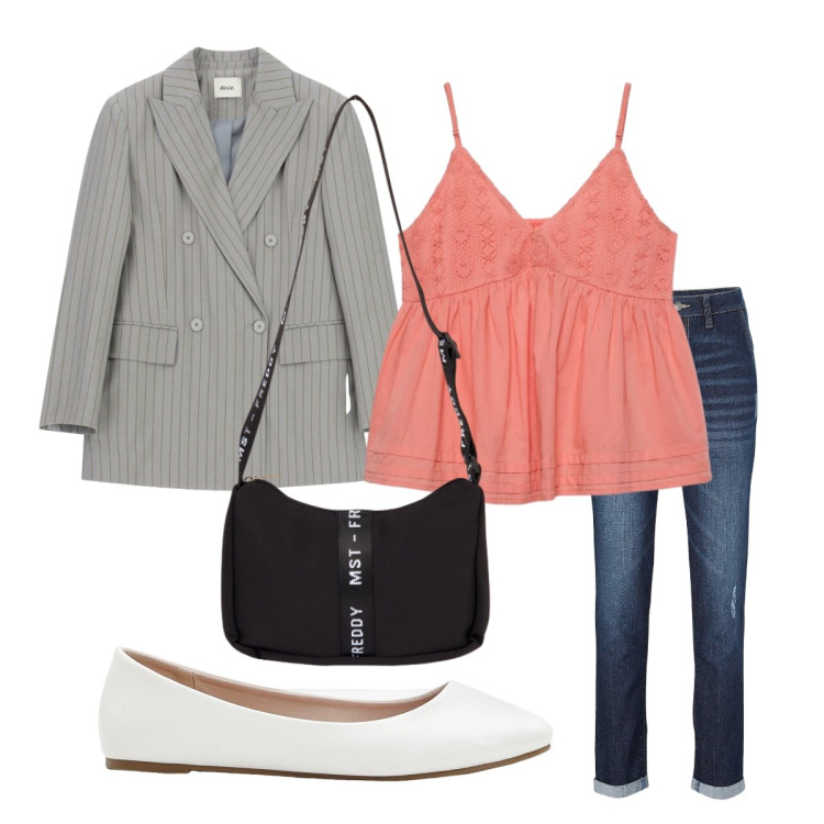 Outfit donna - Look quotidiano con carattere. Stile Bon Ton per Tutti i giorni. Abbinamento con jeans boyfriend, ballerine, canottiere, borse a tracolla, blazer.