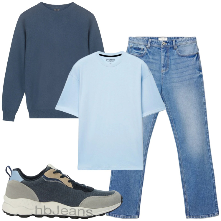 Outfit uomo - Total look #2471962. Stile Casual per Tutti i giorni. Abbinamento con sneakers, maglieria, t-shirt, jeans dritti.