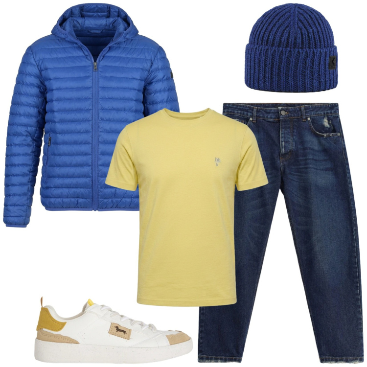 Outfit uomo - Total look #2471963. Stile Urban per Tutti i giorni. Abbinamento con t-shirt, sneakers, jeans, piumini, berretti.