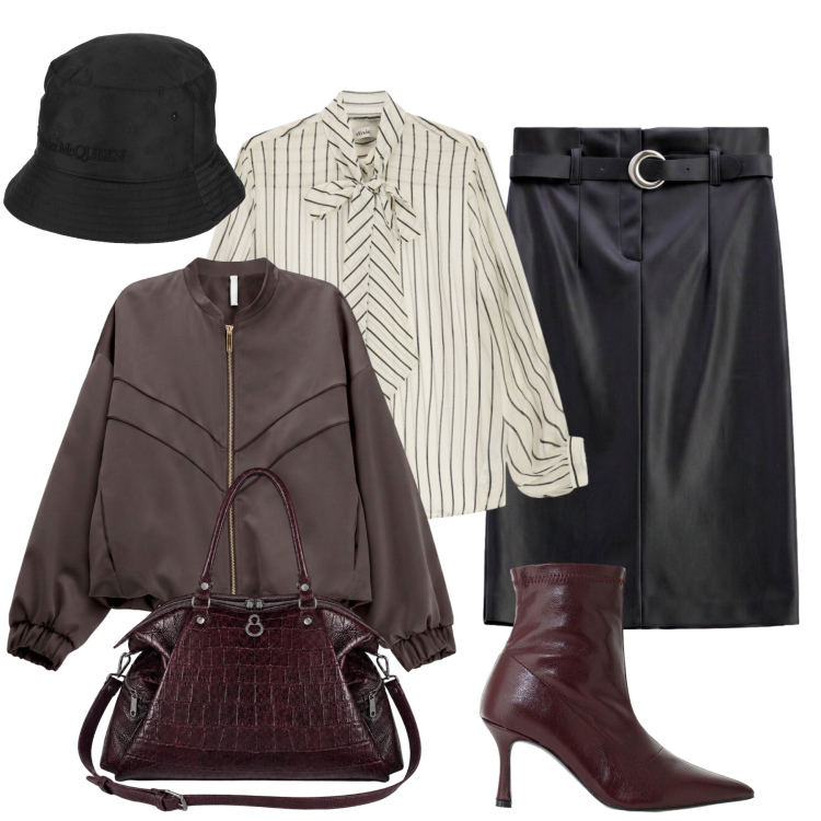 Outfit donna - Ritorno in ufficio. Stile Chic per Ufficio. Abbinamento con cappelli, gonne longuette, stivaletti, bomber, camicie, shopping bag.