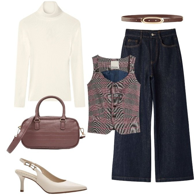 Outfit donna - Total look #2471981. Stile Casual chic per Ufficio. Abbinamento con gilet, décolleté, cinture, maglieria, borse a tracolla, jeans.