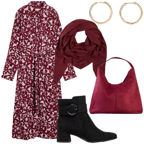 Outfit donna - Il vestito chemisier Curvy autunnale. Stile Casual chic per Tutti i giorni. Abbinamento con vestiti chemisier, orecchini, borse a spalla, sciarpe, stivaletti.