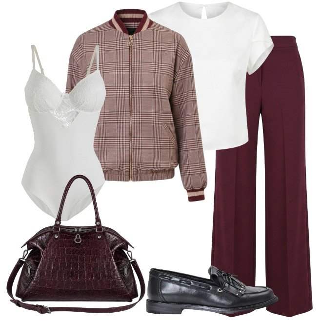 Outfit donna - Bomber in tweed. Stile Trendy per Tutti i giorni. Abbinamento con body, t-shirt, mocassini, pantaloni a palazzo, bomber, shopping bag.